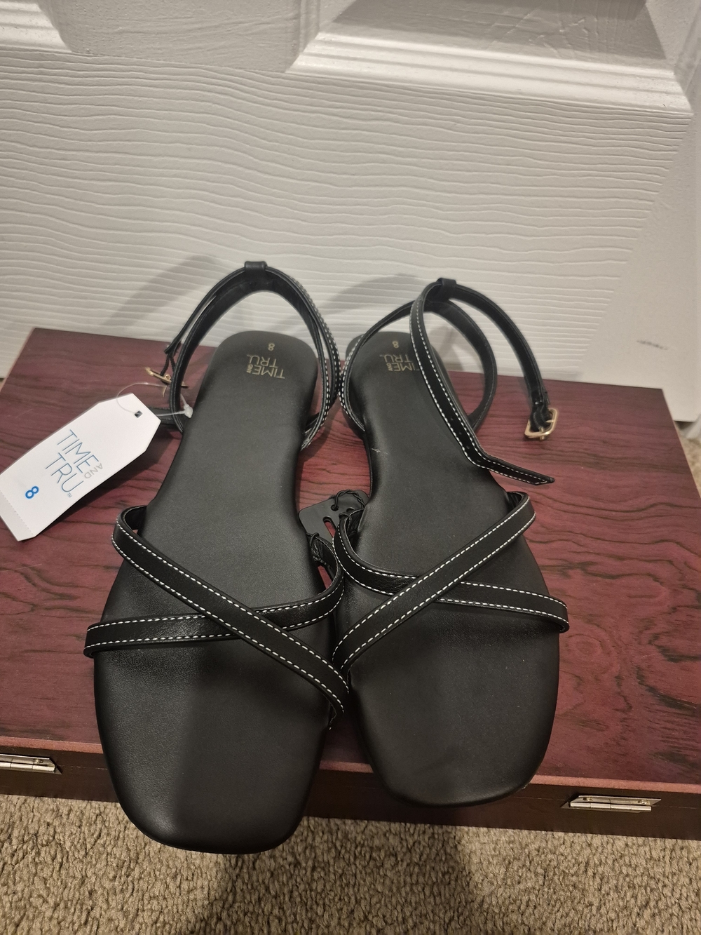 Time and Tru Black Cross-Strap Ankle Sandals with White Stitching